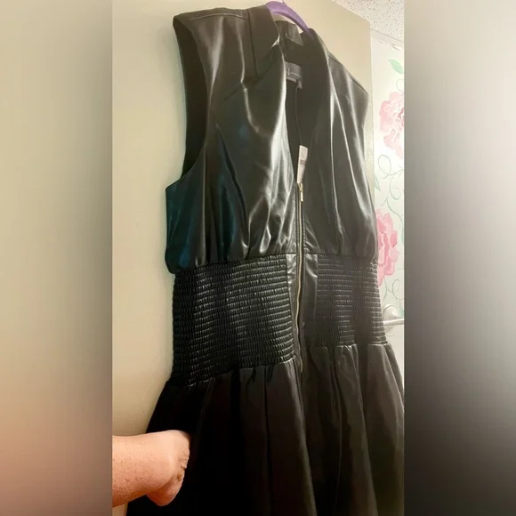 Anthropologie Tommie Cap-Sleeve Smocked Front-Zip Shirt Dress: Faux-Leat… - Picture 10 of 13